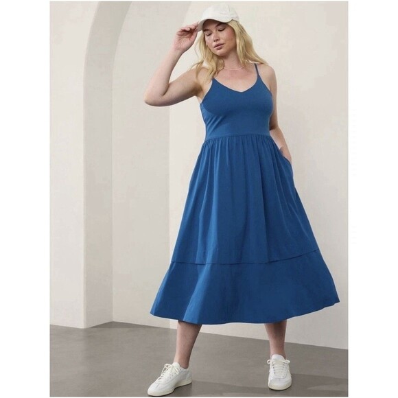 Athleta Dresses & Skirts - Athleta Women’s M/P Elation V-Neck Hybrid Midi Dress in Blue Built In Bra